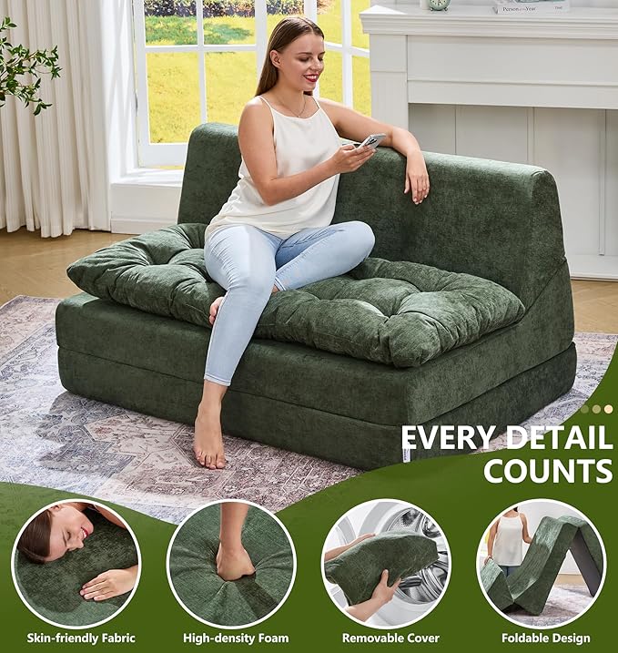 Hobestluk Sofa Couch Folding Sofa Bed Sleeper Comfy Floor Lounger Loveseat Sofa with Removable Cushion Couches Foldable Mattress for Living Room Bedroom or Office (Chenille Green Oversize)