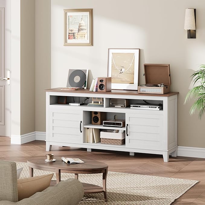 Garvee 63 Inch TV Stand Entertainment Center with Adjustable Shelves Farmhouse TV Stand with Cabinet Doorsfor Living Room