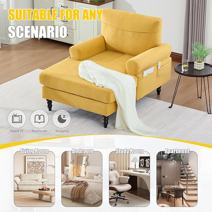 KEIKI Chaise Lounge Chair Indoor Oversized Accent Chenille Armchair with Storage Leisure Sleeper Single Sofa Side Chair Corner Recliner Arm Chairs for Living Room Reading Easy Assembly Yellow