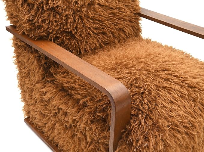 Comfortable Faux Fur Reading ChairModern Luxury Accent Chair Side Chairs with Curved Wooden Armrests for ApartmentLiving RoomOfficeStudyCamel+Brown