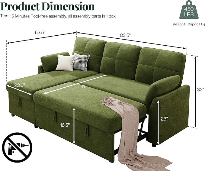 Jocisland Sofa Bed Sleeper Sofa with Storage Chaise Convertible Couch Bed with Pull Out l Shaped Couch for Living Room Linen Geen