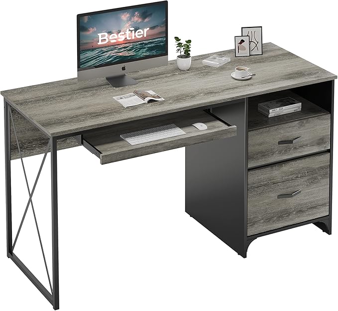Bestier Office Desk with Drawers 55 inch Industrial Computer Desk with Storage Wood Teacher Desk with Keyboard Tray &amp File Drawer for Home Office Dark Gray Oak