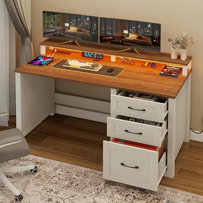 Vabches 47 Farmhouse Executive Desk with Monitor Stand &amp File Cabinet3 Drawers Computer Desk with LED Lights and Power OutletsWorkstation for Home Office StudyWriting.（Unique White）