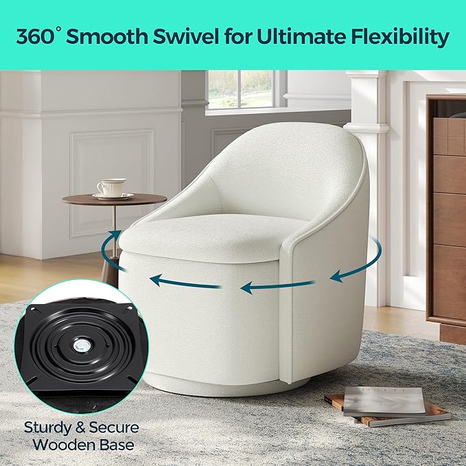 LINSY Swivel Accent Chair with Storage Comfy Chenille Barrel Chairs Small 360 Swivel Modern Armchair for Living Room Bedroom Boucle Reading Chair for Study Room (Beige)