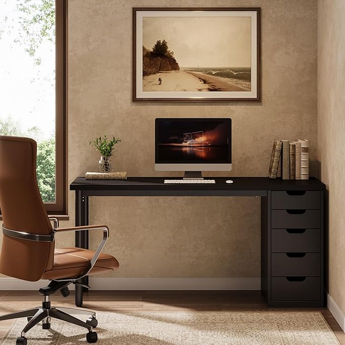 Tribesigns Modern Simple Computer Desk 47 Inches PC Desk with 5 Reversible Drawers Rustic Brown Study Writing Table Workstation for Home Office Small Spaces (Black)