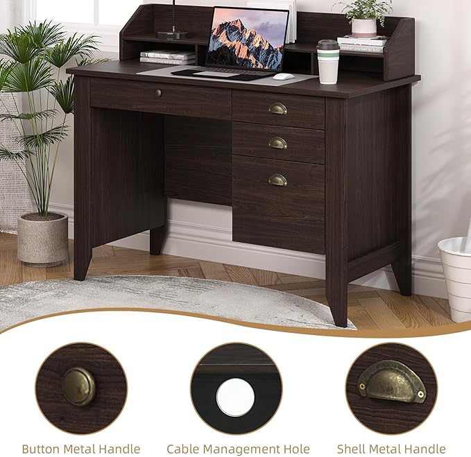 4 EVER WINNER Small Desk with Drawers Office Desk with File Drawer and Monitor Stand Writing Desk Study Table for Small Spaces Espresso