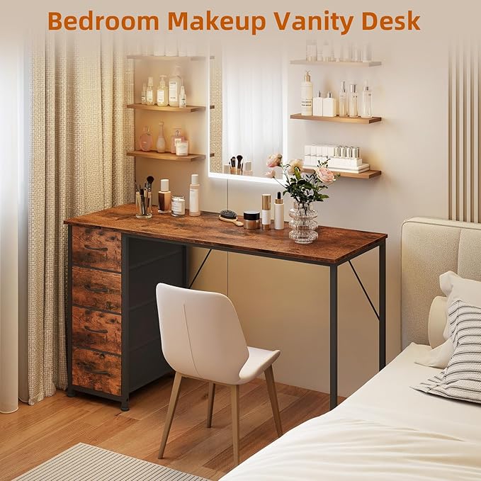 Somdot 47 Computer Desk with 4 Drawers for BedroomSimple Home Office Writing DeskGaming Table with StorageModern Work for Home Office Study Living RoomWood Grain Print