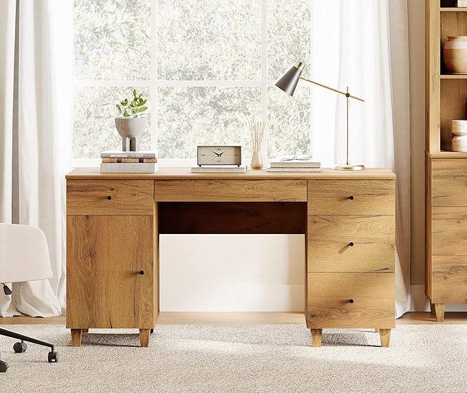 WAMPAT Desk with Drawers &amp Storage Cabinet 58 Inch Wide Wooden Home Office Desk with Charging Station Modern Large Wood Executive Computer Desk Work &amp Study Writing Desk Oak Brown