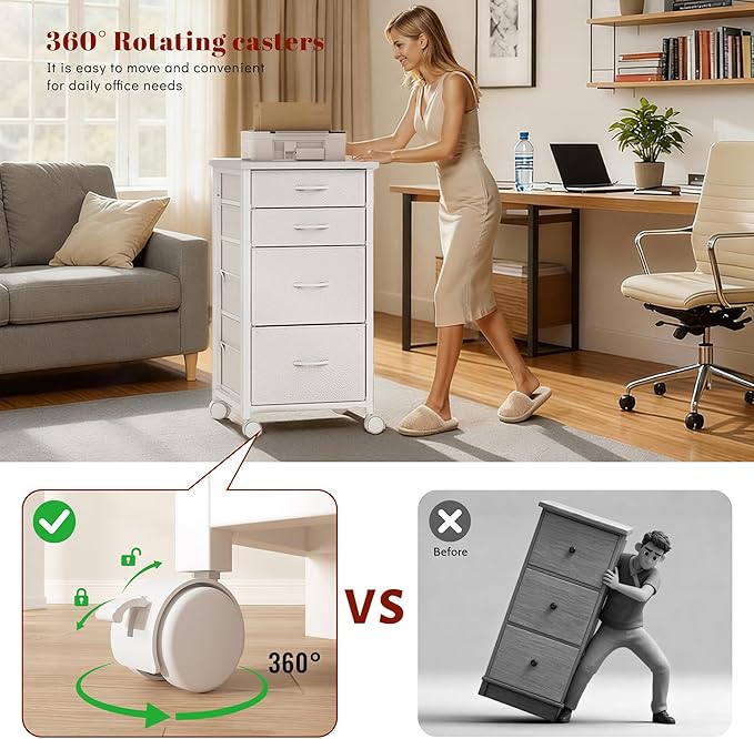 4 Drawers Mobile File Cabinet Vertical Filing Cabinet with Fabric Drawer Fits A4/Letter Size Printer Stand for Home OfficeWhite