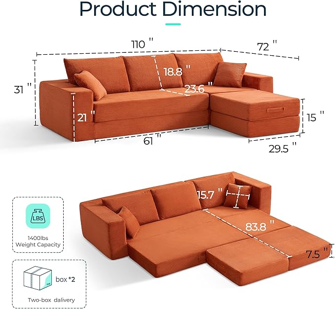 LINSY HOME Oversized Convertible Sofa Bed with 2 Pillows &amp Ottoman Corduroy Boneless Couch Folding Modular Sleeper Sofa L Shaped Couch Floor Sofa for Living Room Apartment Upgrade Backrest (Ora