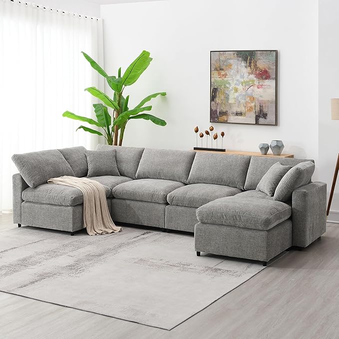 130-Inch Sectional Modular Cloud Sofa Couch Oversized 6 Seat Upholstered Chenille U Shaped Sofa Couches with Movable Ottoman 2 Throw Pillows for Living RoomOffice