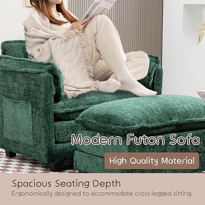 KEIKI Boucle Accent Chair with Storage &amp Ottoman Oversized Reading Arm Chair w/Double Cushion Modern Side Deep Seating Chairs Set Corner Comfy Lounge Armchair for Living Room Bedroom Dark Gre