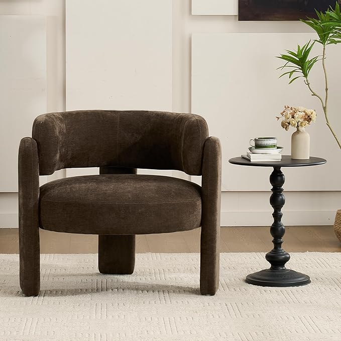 Modern Accent Barrel ChairMid Century Single Armchair with Curved Backrest Upholstered Side Reading Chair with 3 Legs Comfy Sherpa Chair for Bedroom Home Office Living Room (Brown)