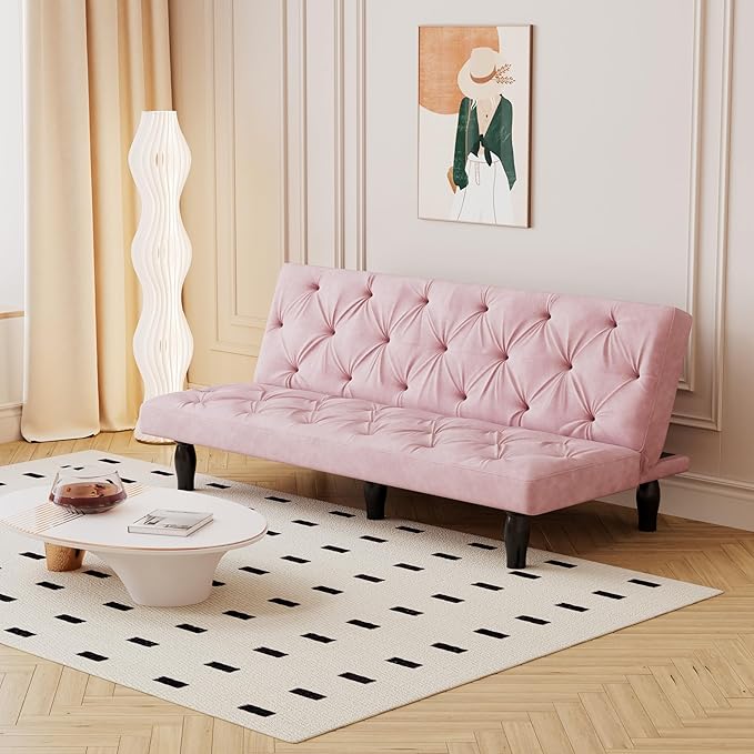 72 Pink Velvet Futon Couch Living Room Couch Bed Convertible Sleeper Sofa Bed with Cup Holder for Bedroom Guest Bed 2 Seater Reclining Sofas Couches with Nailhead Trim for Small Space (Pink New)