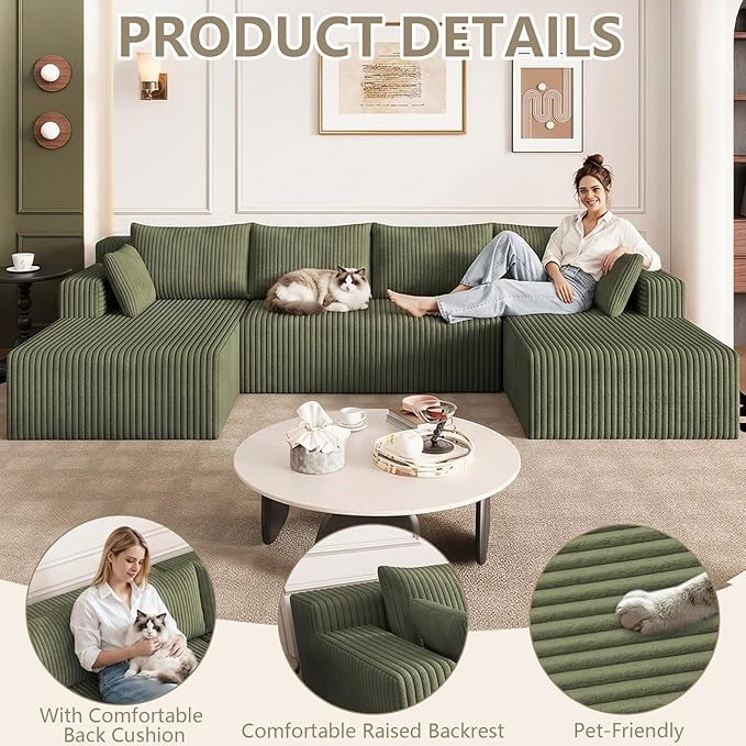 124 U Shaped Cloud Couch Sectional Corduroy Upholstered 4-Seater Cloud Couches for Living Room Deep Seat Modular Boneless Sofa with Lounge Chaise No Assembly Required Green