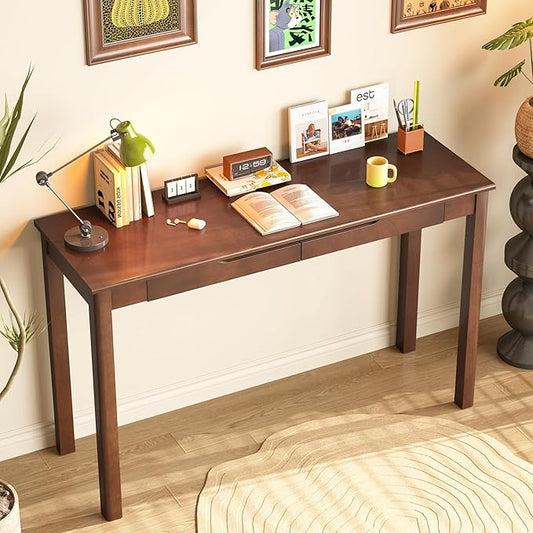 100% Solid Wooden Desk with Drawers - 47 x 16 Inch Mid Century Narrow Desk Vintage Writing Desks with Drawers Simple Work Study Table Small Desks for Small Spaces Walnut Color