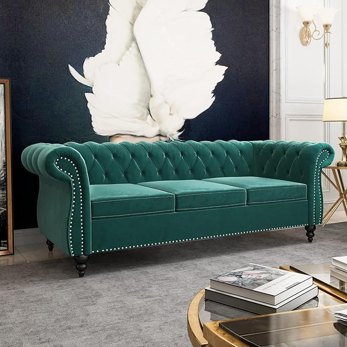 AVZEAR 3 seat Sofa Velvet Sofa Living Room Sofa Large Sofa Modern Chesterfield Fabric Modern 3 Seater Couch Furniture Classic Tufted Chesterfield Settee Sofa Green