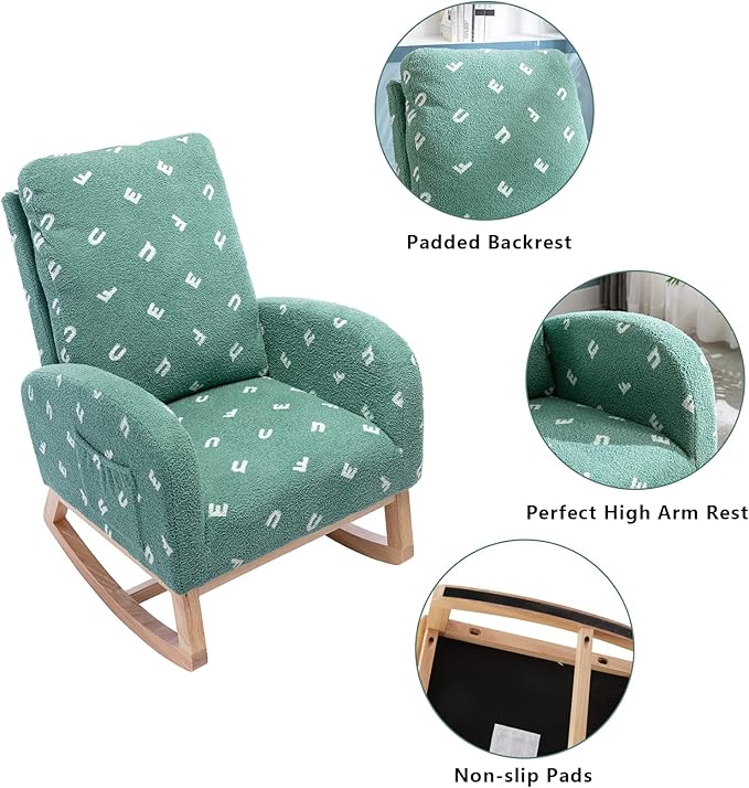 Setawix Teddy Rocking Chair for Nursery Midcentury Modern Accent Rocker Armchair with Side Pocket Upholstered High Back Wooden Rocking Chair for Living Room Baby Room Bedroom (Green Alphabet)