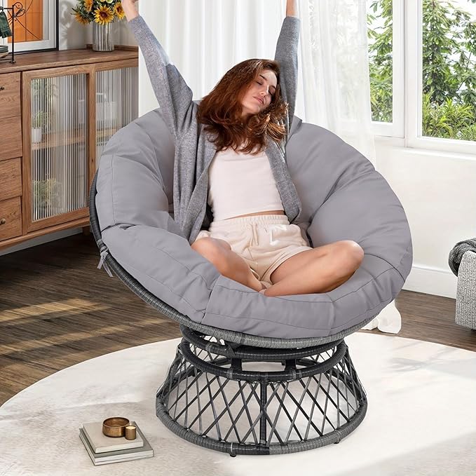 40 Ergonomic Wicker Papasan Chair 360° Swivel Indoor Outdoor Rattan Chair with Soft Thick Cushion Ideal for Living Room Bedroom Reading Room Grey Frame with Light Grey Cushion
