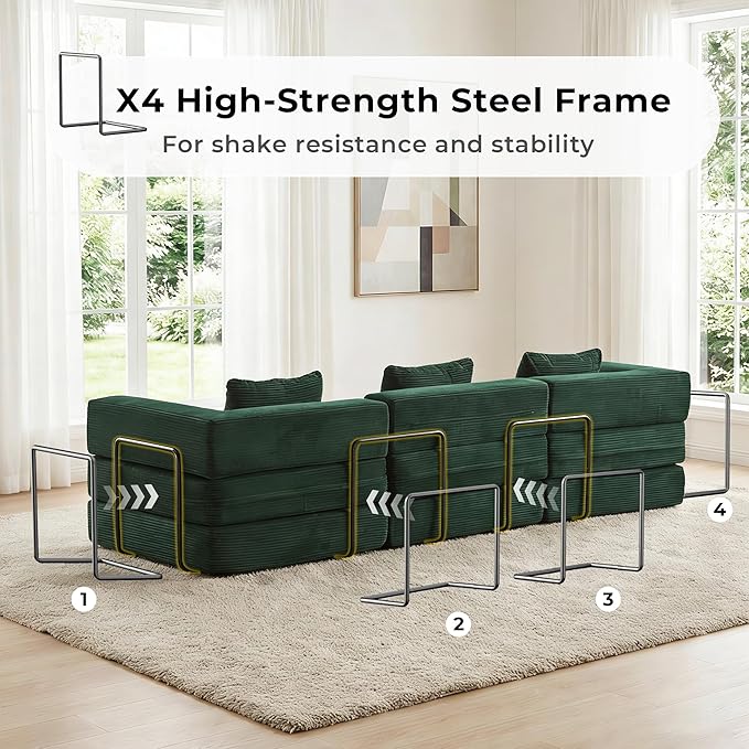 WELAX 118 Convertible Sectional Sofa 3-Seater Futon Modular Sleeper Sofas Bed with 3 Pillows Corduroy Boneless Cloud Couches for Living Room No Assembly Floor Couch for Bedroom Green