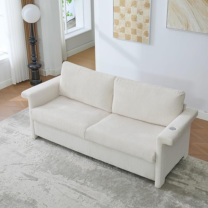 Full Size Sleeper Sofa Bed Pull Out Couch with Queen Size Memory Foam Mattress 2-in-1 Convertible Corduroy Loveseat Sleeper for Small Apartment USB Charging (Beige2)