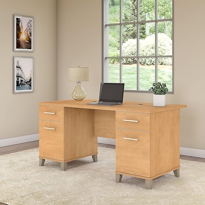 Bush Home 60-inch Home Office Desk with Drawers Large Computer Table with Storage Transitional Style Somerset Collection Maple Cross