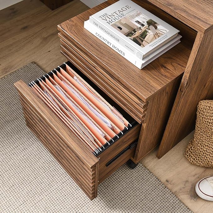 Modway Render Mid-Century Modern Office Desk and File Cabinet Set Walnut