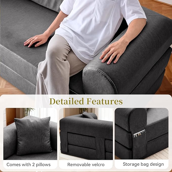 4-in-1 Folding Convertible Sofa Bed 78 Inch Faux Leather Boneless Couch Loveseat Sleeper with Pull Out Bed Floor Sofa Modular Futon Teddy Sofa for Living Room Bedroom Lounge Gray