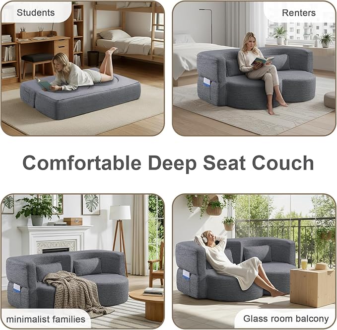 79 Inch Boneless Loveseat Sofa: 2-in-1 Convertible Teddy Velvet Cloud Double Sofa Minimalist Curved Cloud Sofa Bed for Living Room Apartment &amp Small Spaces (Gray)