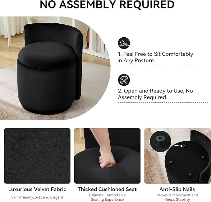 Velvet Vanity Chair with Storage 360° Swivel Makeup Chair with Wave Back No Assembly Small Accent Stool for Bedroom Dressing Living Room Black