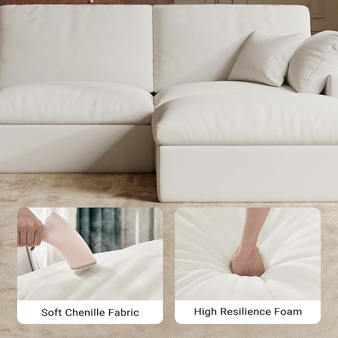121 L-Shaped Modular Sectional Sofa with Ottoman Upholstered Cloud Couch with Deep Seat Boneless Sofa Sectional Couch for Living Room No Assembly Required Chenille Warm White | Breathable Materia