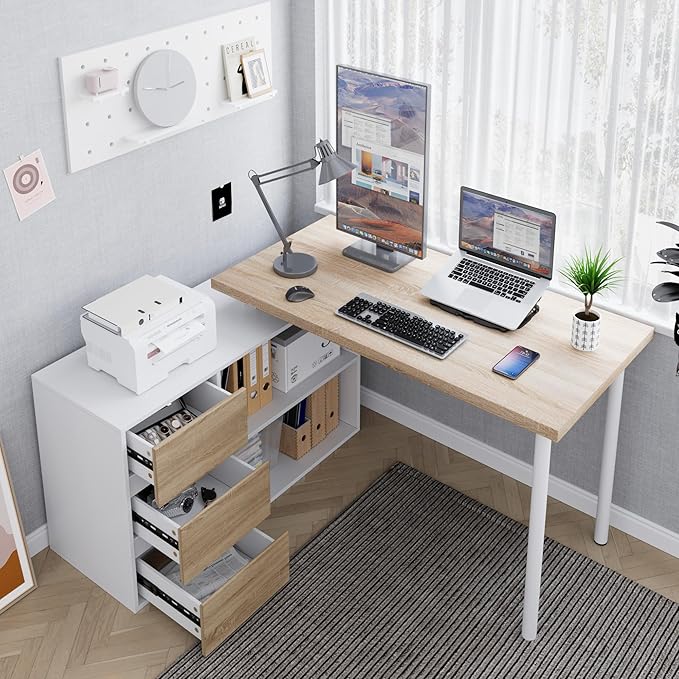 Home Office Computer Desk Corner Desk with 3 Drawers and 2 Shelves 53-inch L-Shaped Study Desk with Storage White + Walnut