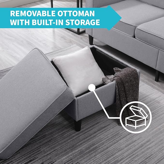 CECER 4 Piece Living Room Sectional Sofa Set with Ottoman and Side Pockets Modern Linen 6 Seaters Couch Set 3-Seater Sofa &amp Love seat &amp Armchair Set for Living Room/Office/Apartment - Light