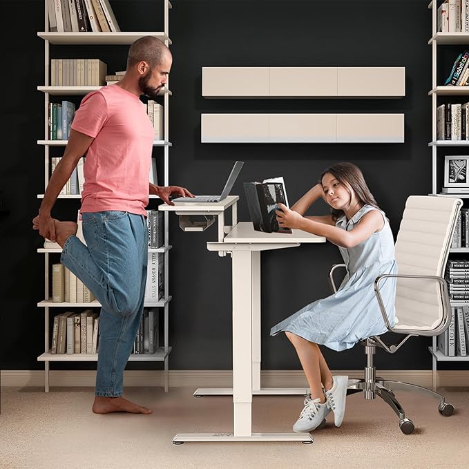 AVLT 47″ Electric Standing Desk with Dual-Tier Shelf &amp Tablet Holder – Height Adjustable Sit-Stand Desk for Home Office Motorized Frame Supports 176 lbs (80kg) Includes Tabletops – White