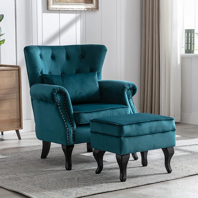 chairus Mid-Century Modern Accent Chair with Ottoman Comfy Velvet Single Sofa Chair Button Tufted Wingback Armchair with Pillow for Living Room/Bedroom/Club - Teal