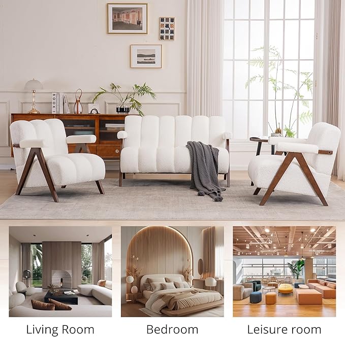 Mid Century Modern Accent Chair Loveseat Sofa with Solid Wood Frame Boucle Upholstered Living Room Chairs with Thick Cushion Comfy Tufted Arm Chair for Bedroom Ivory