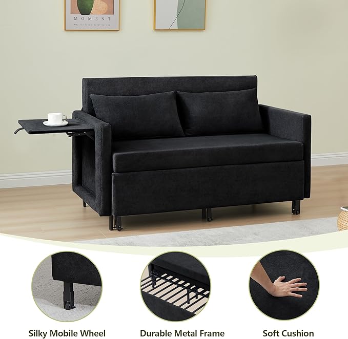 QHITTY Pull Out Couch Bed 2-in-1 Sleeper Sofa Small Loveseat Bed with Hidden Side Table and Iron Frame for Living Room Small Space Apartment (Black)