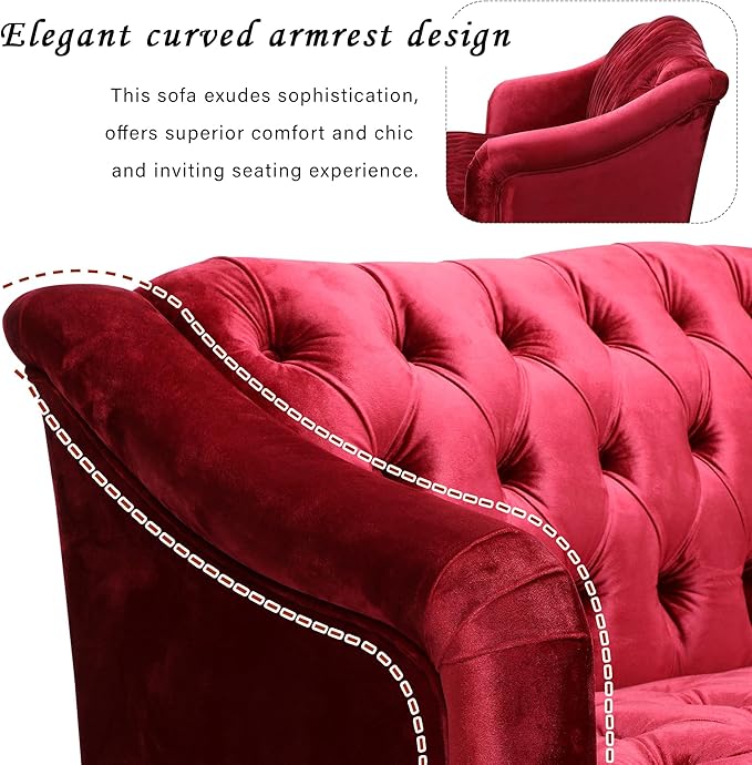 Christopher Knight Home Minxi Velvet Sofa Couch Home Sofa Living Room with Birch Wood Legs Comfort Modern 3 Seater Couch with Button Tufted Diamond Stitch Luxury Chaise Lounge Chair Wine Red