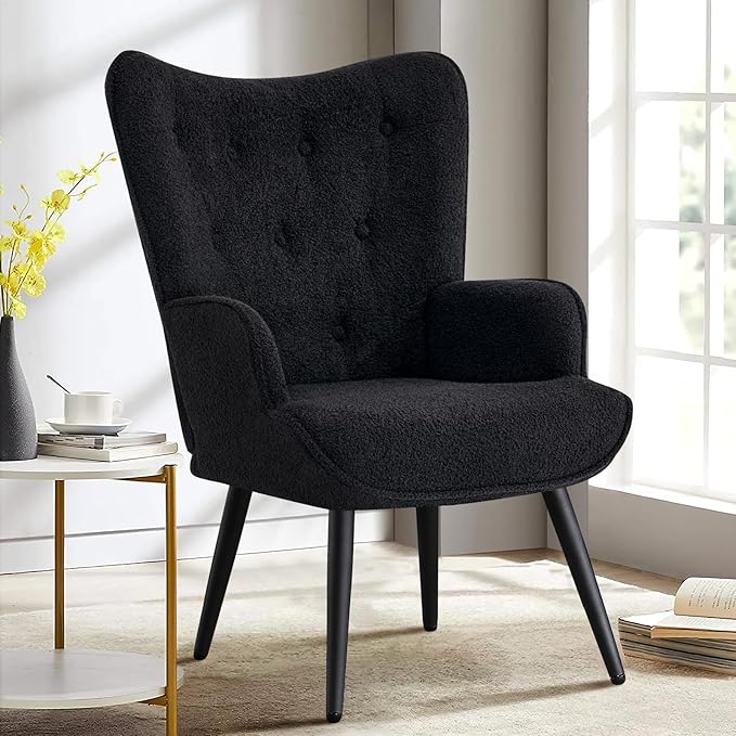 Furniliving Boucle Accent Chair for Living Room Upholstered Reading Chair with High Backrest Tufted-Button Wingback Armchair for Bedroom Dressing Room Home Office Black Set of 2