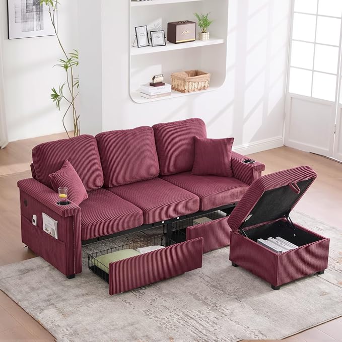 76.8 L-Shaped Sleeper Sofa with Storage Ottoman USB Ports Cup Holders&ampLED Lights Side Pockets Comfy Corduroy Modern 3-Seater Small Couch Bed for Living Room with 2 Throw Pillows (Wine Red)