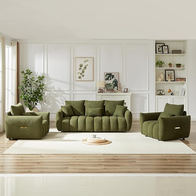 Teddy Cloud Sofa Couch Modern Deep Seat Boucle Single Sofa Chair Comfy Upholstered Sherpa Couch with Pillow Oversized Accent Armchair for Living Room Apartment Office Olive Green