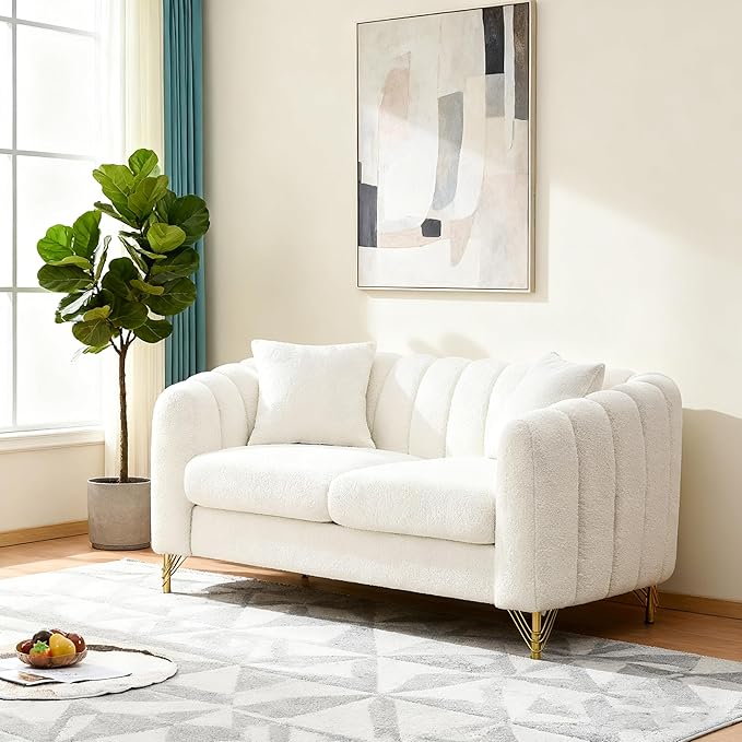 Loveseat Velvet Fabric Two- Seater Couch Buckle Design and Rivet Decoration Deep Seated Double Sofa Suitable for Living Room Bedroom Apartment Hotel etc (beige-06)