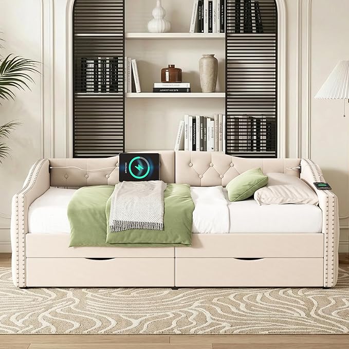 Twin Daybed with Storage Drawers Twin Size Velvet Upholstered Sofa Bed Frame w/USB Port Button Tufted Backrest and Nailhead Daybeds for Living Room Bedroom No Box Spring Needed (Beige)