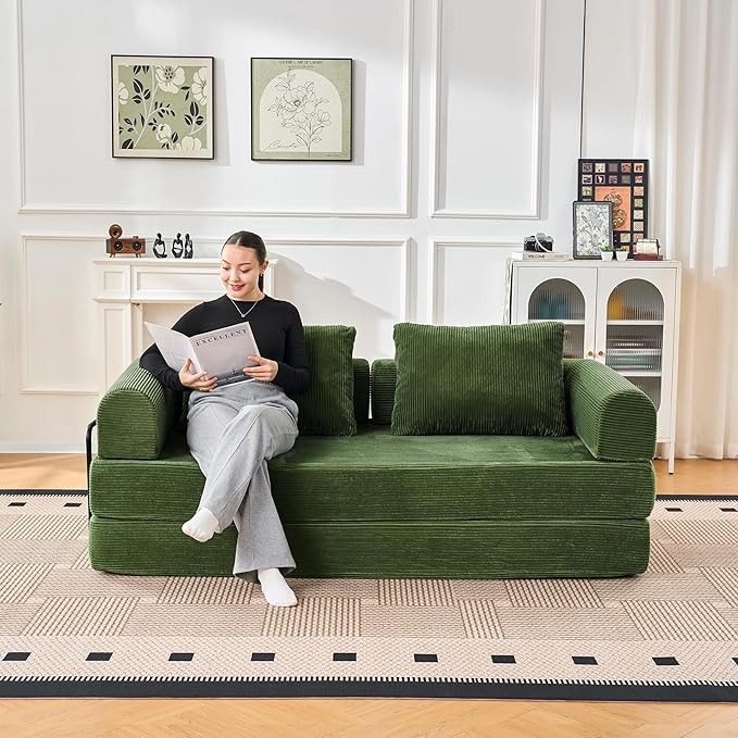 79 Convertible Sofa Bed 5-in-1Boneless Couch for Living Room with 2 Pillows Corduroy Folding Sleeper Sofa Bed Boneless Cloud Loveseat Futon Sofa Bed for Living Room Bedroom Lounge Green