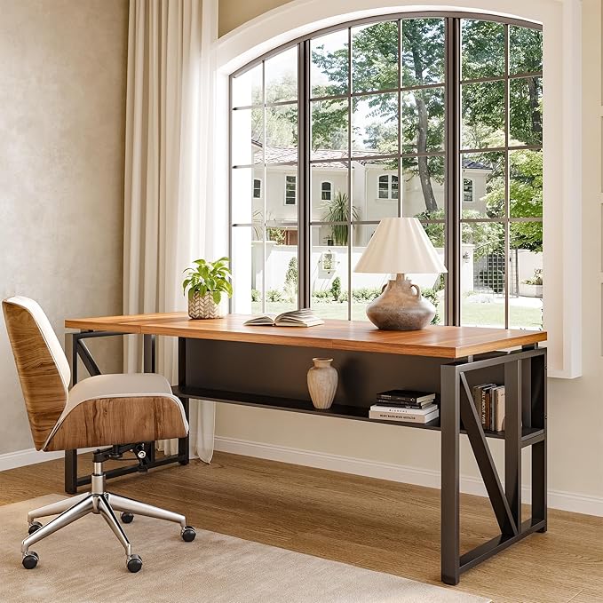 LITTLE TREE 63-Inch Executive Office Desk Large Computer Desk with Storage Shelf Executive Desk with Metal Frame Study Writing Desk Work Station for Home Office Brown + Black