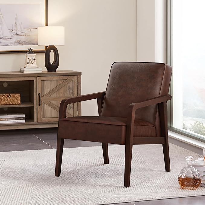 Yaheetech PU Leather Accent Chair Mid-Century Modern Barrel Chair with Wooden Frame and Soft Thick Padded for Living Room Bedroom Home Office Dark Brown
