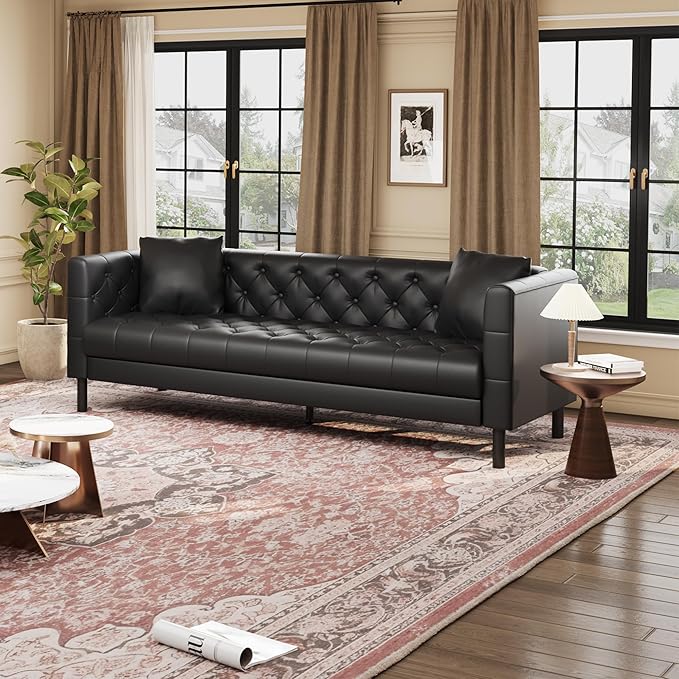 IDEALHOUSE 81 Leather Sofa Button-Tufted 3 Seater Sofa Mid-Century Modern Leather Couch with Deep Seat Chesterfield Sofa for Living Room Apartment Office Black