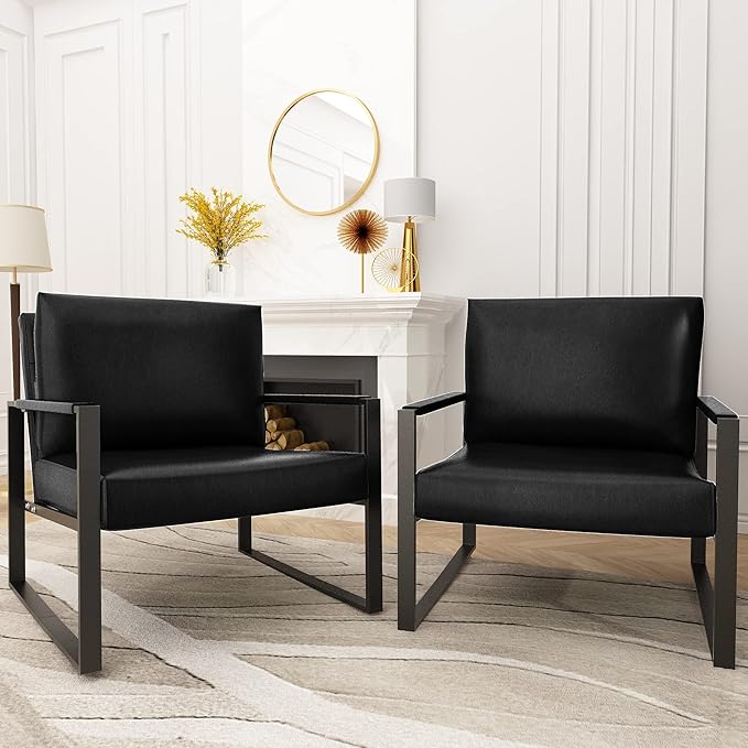 Recaceik Leather Accent Chairs Set of 2 Modern Armchair with Extra-Large Ergonomic Cushion Sturdy Metal Frame Anti-Scratch Foot Mats Single Sofa Chair for Living Room