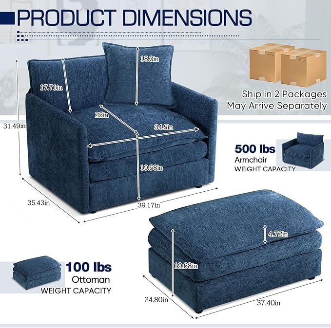 Oversized Accent Chair with Ottoman Modern Cloud Chaise Lounge Chair Indoor with Deep Seat Upholstered Comfy Armchair Reading Chairs Sofa for Bedroom Living Room Apartment Blue Chenille