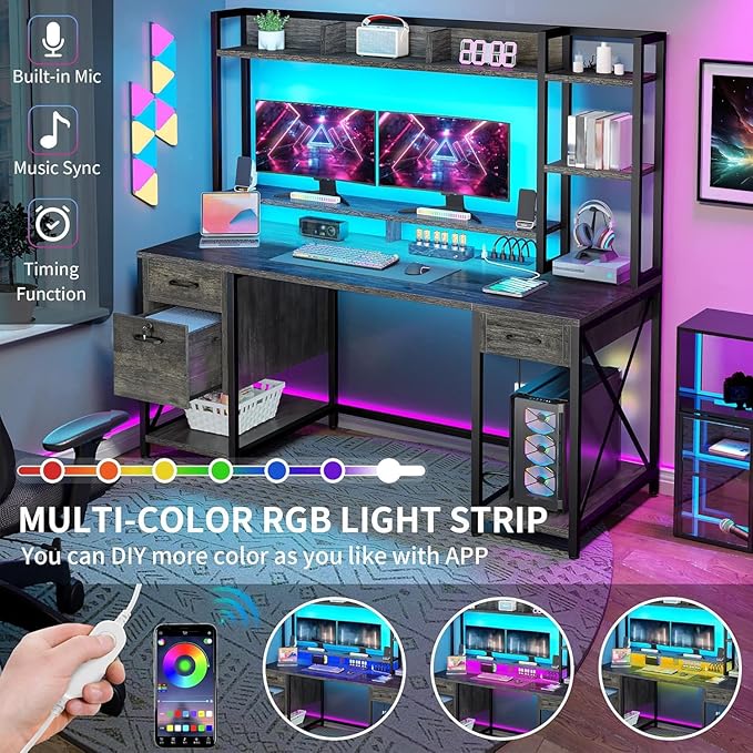 YITAHOME Computer Desk with Hutch &amp Drawers 59 Office Desk with Power Outlets Gaming Desk with LED Lights and Storage Shelves Grey
